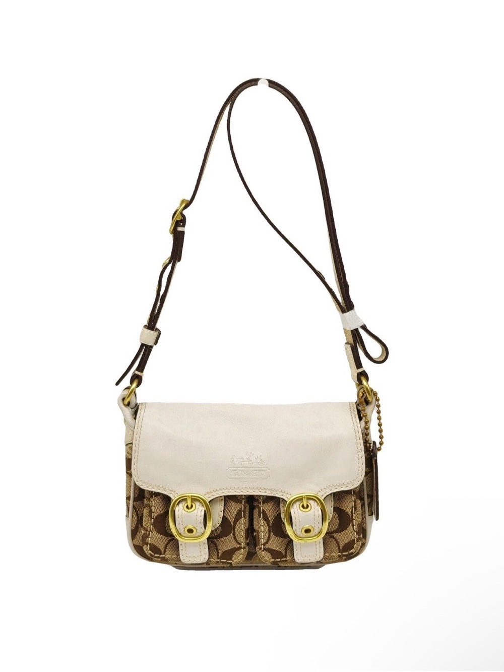 Coach Signature Mini Crossbody Bag Brown Canvas White Leather Flap Buckle Y2K